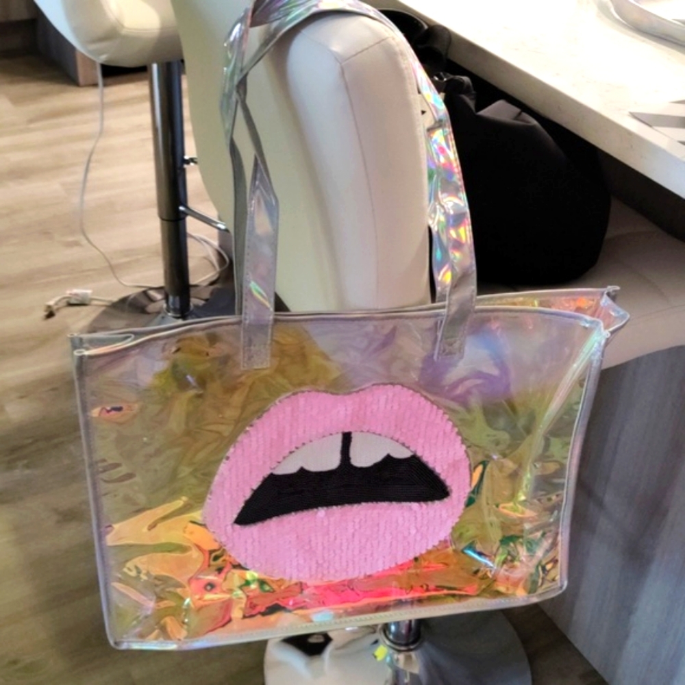 Pink sequin lips beach bag tote